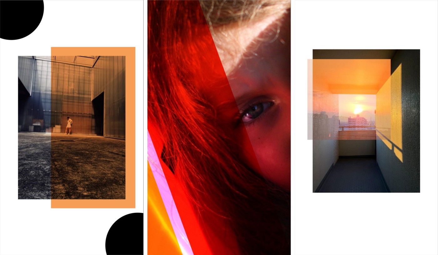 A collage of images with shapes as gel overlays